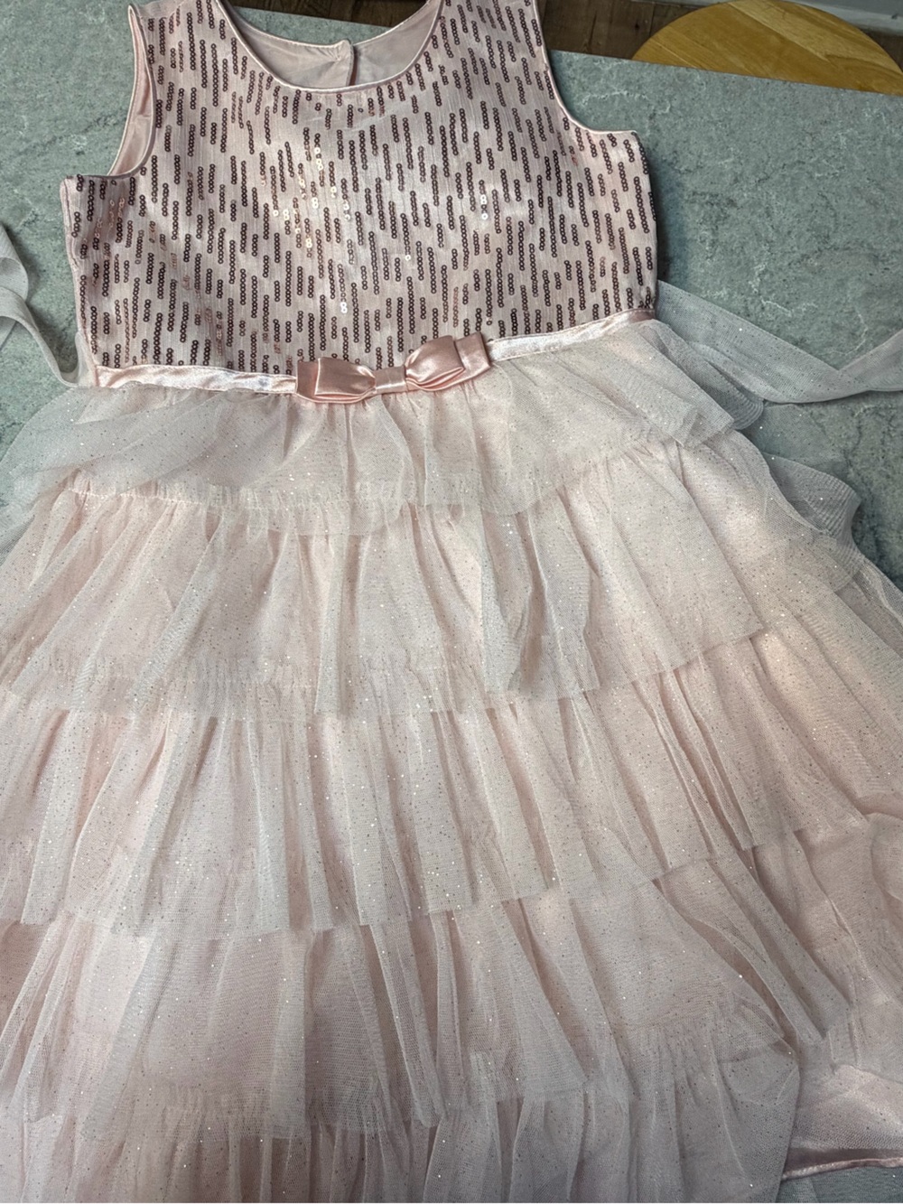 Jona Michelle Pale Pink Sparkle Tulle Dress with Satin Bow